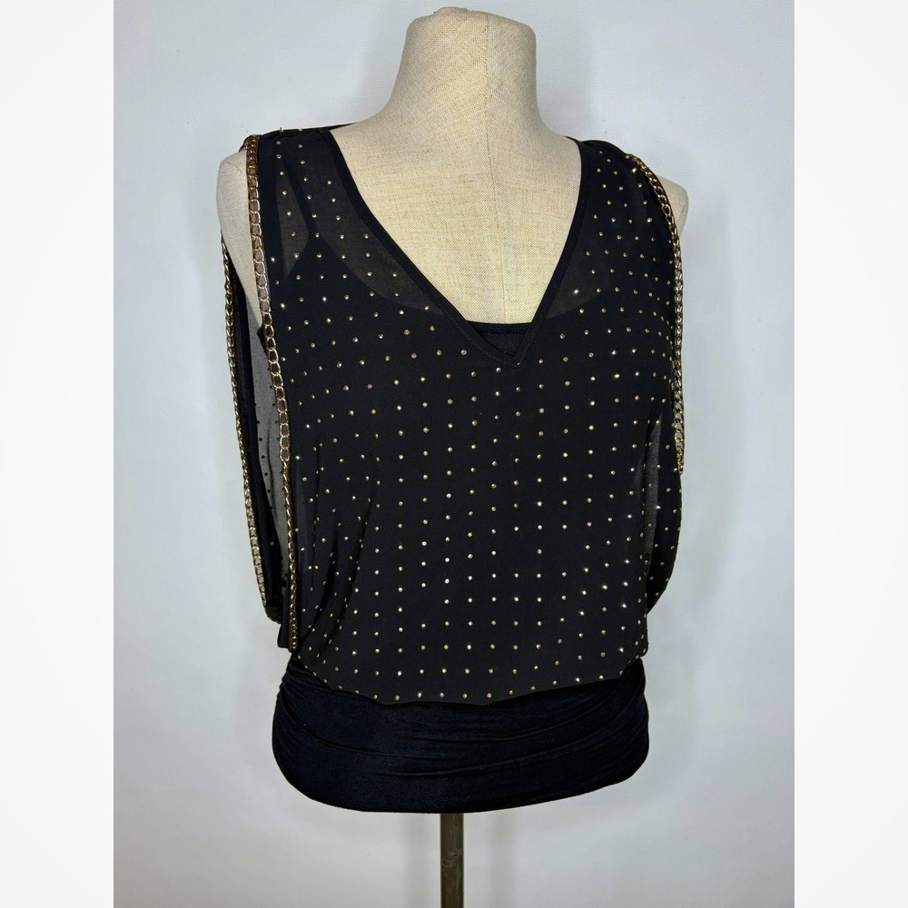Bebe Black Rhinestone Studded Chain Trim Sleeveless Ruched Top Small